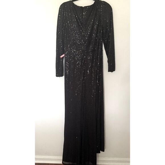 NWT Ieena for Mac Duggal Black Sequin Faux Wrap Long Sleeve Ruched Gown Sz 12 - Picture 3 of 10